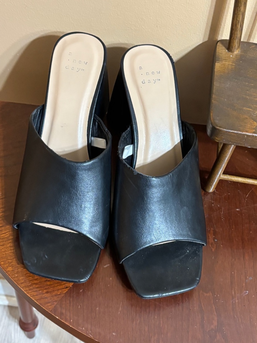 a new day Black Open-Toe Leather Slide Mules